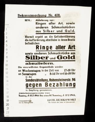 Announcement No. 408: Concerning legal deposit of all kinds of rings and other jewelry made of silver and gold, confiscation