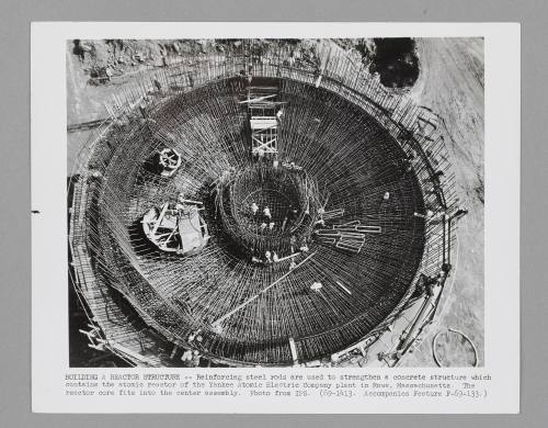 Building a nuclear reactor structure at Rowe, Massachusetts with reinforced steel rods and concrete - seen from above