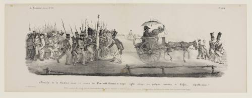 Marche de la Banlieue venant au secours des cent milles hommes de troupe réglée assiègés par quelques centaines de lâches républicains,Plate 296-297 from La Caricature, No. 142, July 25, 1833
