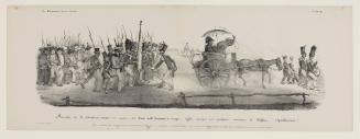Marche de la Banlieue venant au secours des cent milles hommes de troupe réglée assiègés par quelques centaines de lâches républicains,Plate 296-297 from La Caricature, No. 142, July 25, 1833