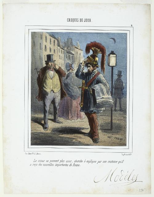 Le crieur ne pouvant plus crier, cherche à expliquer par son costume qu’il a reçu des nouvelles importantes de Rome from Croquis du Jour
