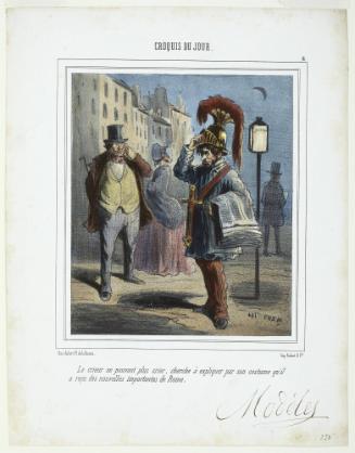 Le crieur ne pouvant plus crier, cherche à expliquer par son costume qu’il a reçu des nouvelles importantes de Rome from Croquis du Jour