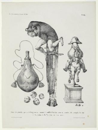 Voici le pistolet qui a si longtemps amusé le public. Voici la poire à poudre, la poupée du tir et les drôles de balles dont on s`est servi