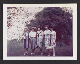 [Ann, Daphne, Susanna, and two friends outside, Casa Susanna, Hunter, NY]
