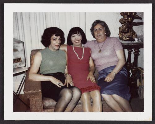 [Susanna, Lili, and friend sitting on a couch, Casa Susanna, Hunter, NY]
