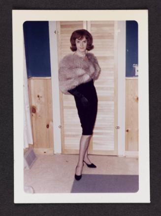 [Donna (Buff/Cynthia) in a black dress and fur stole, Casa Susanna, Hunter, NY]
