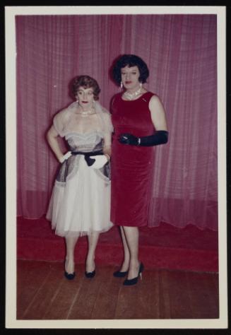 [Anita and Gloria standing in front stage, Chevalier d'Eon, Hunter, NY]
