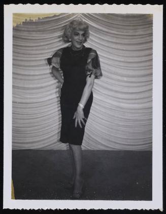 [Susanna posing in front of curtains, Chevalier d'Eon, Hunter, NY]
