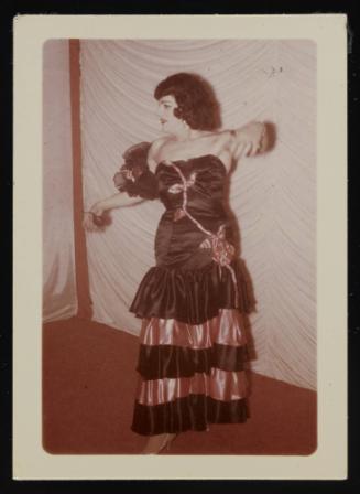 [Susanna in a black and pink dress dancing on stage at the Chevalier d’Éon, Hunter, NY]
