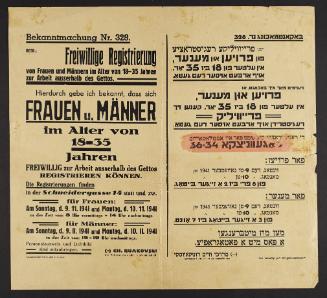 Announcement No. 328: Concerning voluntary registration of men and women, aged 18 to 35, for work outside the ghetto