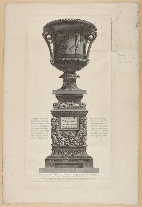 Marble vase with a frieze of fauns, excavated by Gavin Hamilton from the Pantanello, placed on a cinerary urn from Vasi, candelabri, cippi, sarcofagi, tripodi, lucerne, ed ornamenti anitchi... (Vases, canelabra, grave stones, sarcophagi, tripods, lmaps, and ancient ornaments...