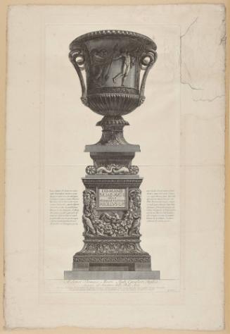 Marble vase with a frieze of fauns, excavated by Gavin Hamilton from the Pantanello, placed on a cinerary urn from Vasi, candelabri, cippi, sarcofagi, tripodi, lucerne, ed ornamenti anitchi... (Vases, canelabra, grave stones, sarcophagi, tripods, lmaps, and ancient ornaments...