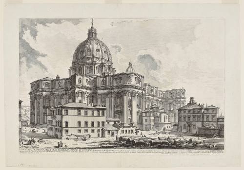 View of the exterior of St. Peter's Basilica in the Vatican from the Vedute di Roma (Views of Rome)