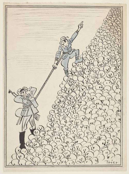 Hitler and Death scaling a mountain of human skulls from Die Zeitung