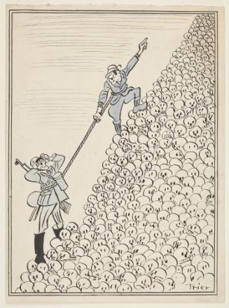 Hitler and Death scaling a mountain of human skulls from Die Zeitung